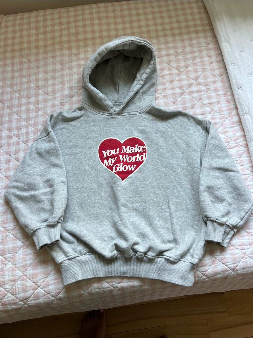 Zara Gray Hoodie with Red Heart Graphic - You Make My World Glow